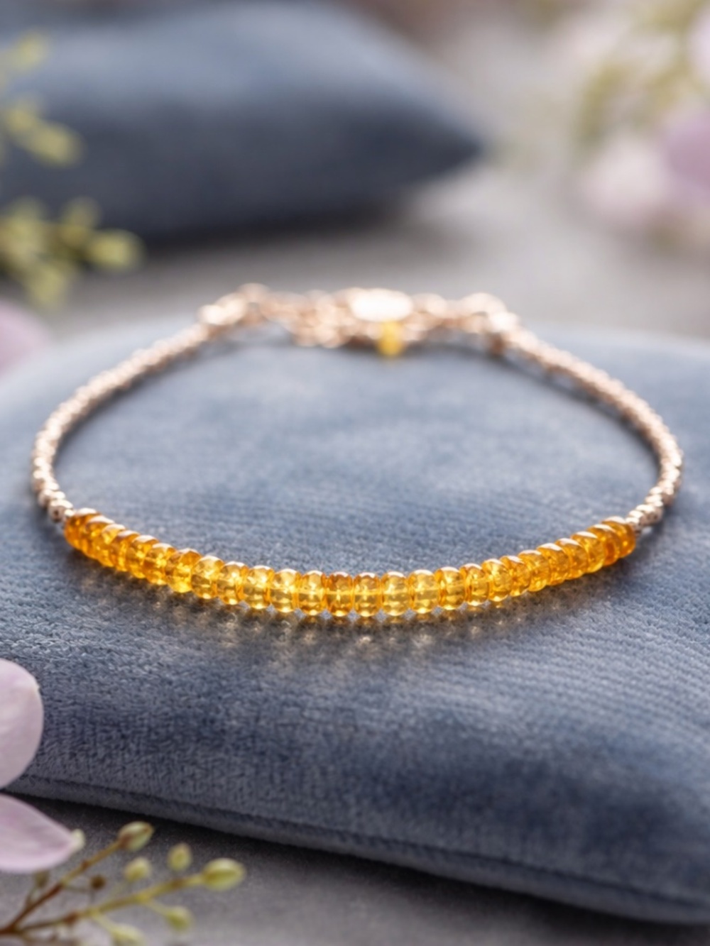 Natural Orange Sapphire Bracelet Sterling Silver and Pure Silver , 7.08" - 7.6"